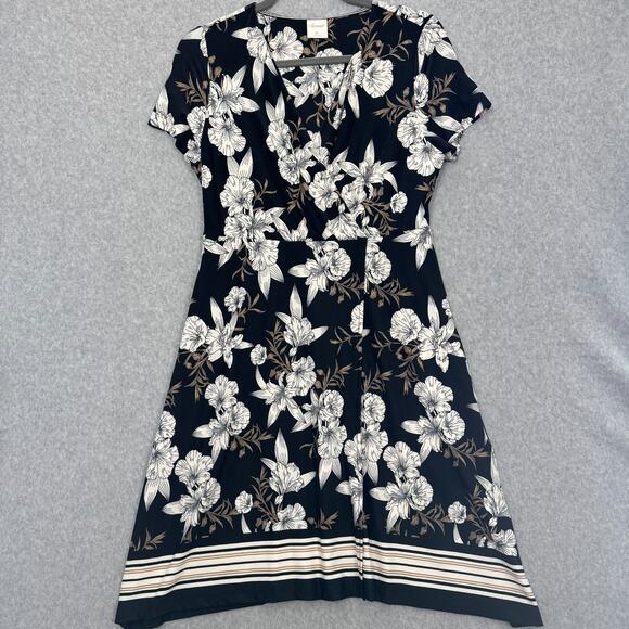 Soma Dresses & Skirts - Soma Tropical Floral Mock Wrap Dress Size M Black White Soft Knit Coastal Beach